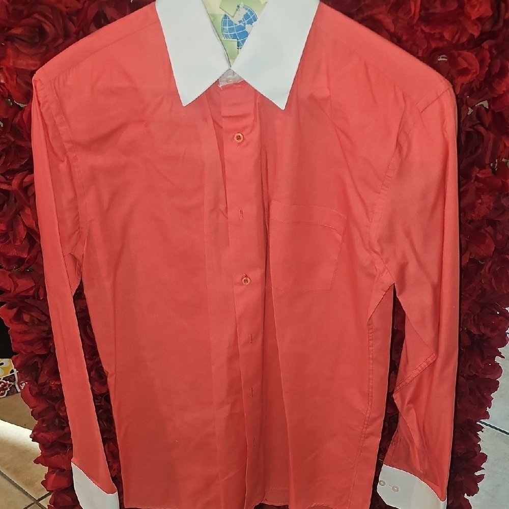 Berlioni Italy Men's Coral Dress Shirt with White Collar & Cuffs Size Medium
